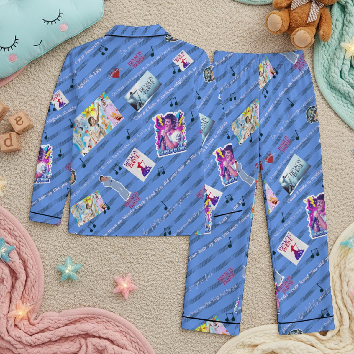 Benson Boone Inspired Print Children's Satin Pajama Set With Long Sleeve
